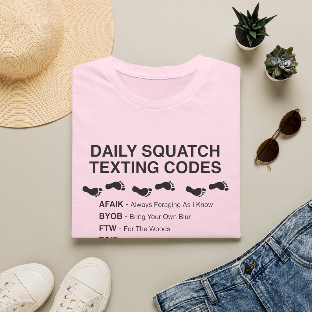 Daily Squatch Texting Codes T-Shirt — Funny Sasquatch Footprint Tee for Bigfoot Fans