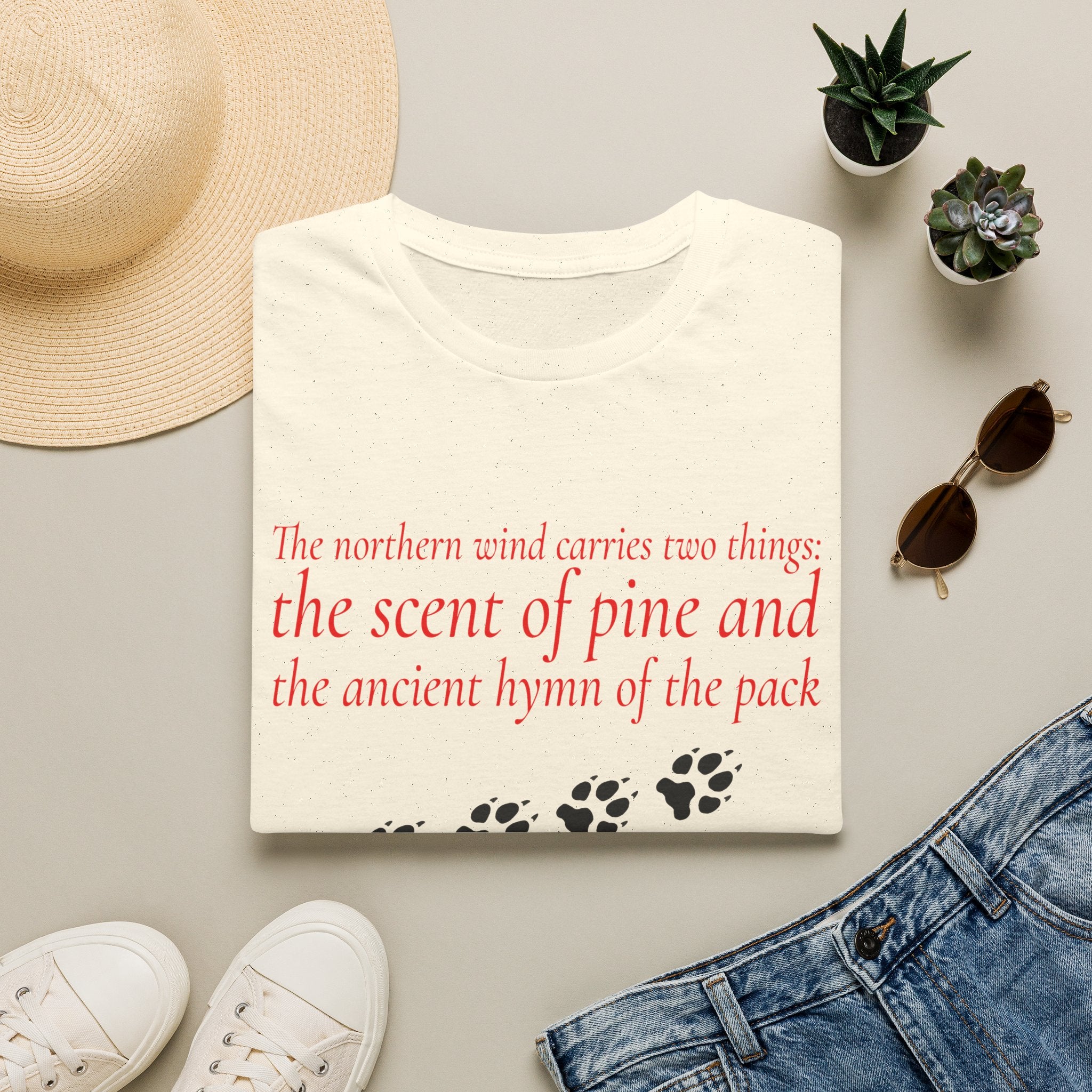 Pine & Pack Wolf Pack Tee — 'The northern wind carries two things' Paw Print Shirt