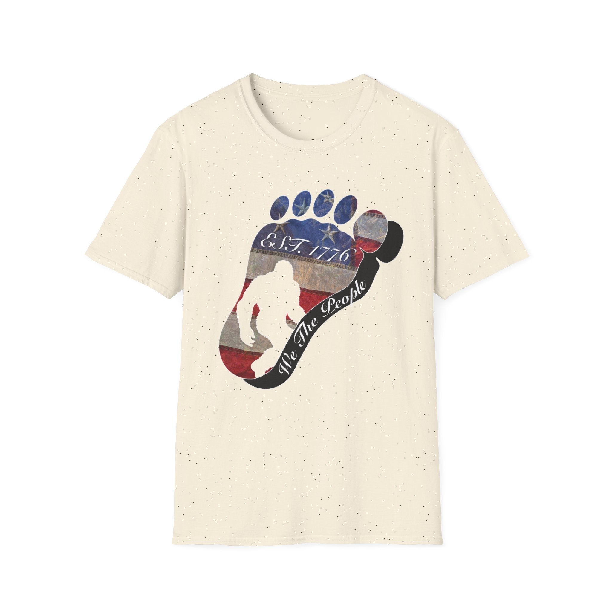 Going Norther Bigfoot T-Shirt — Footprint Silhouette with Distressed Flag "EST. 1776 - We The People"