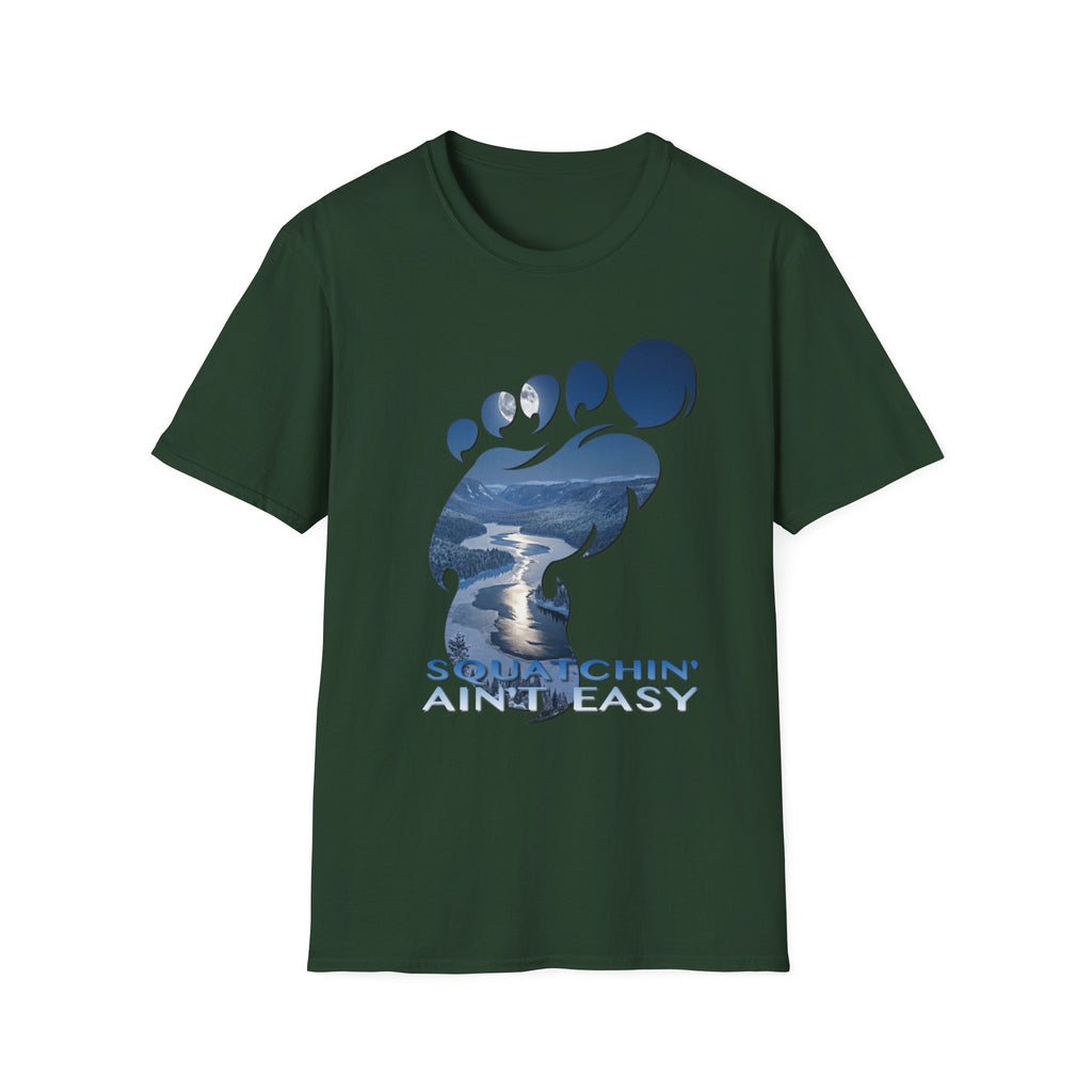 Bigfoot 'Squatchin' Ain't Easy' T-Shirt — Moonlit Winter Lake Sasquatch Tee