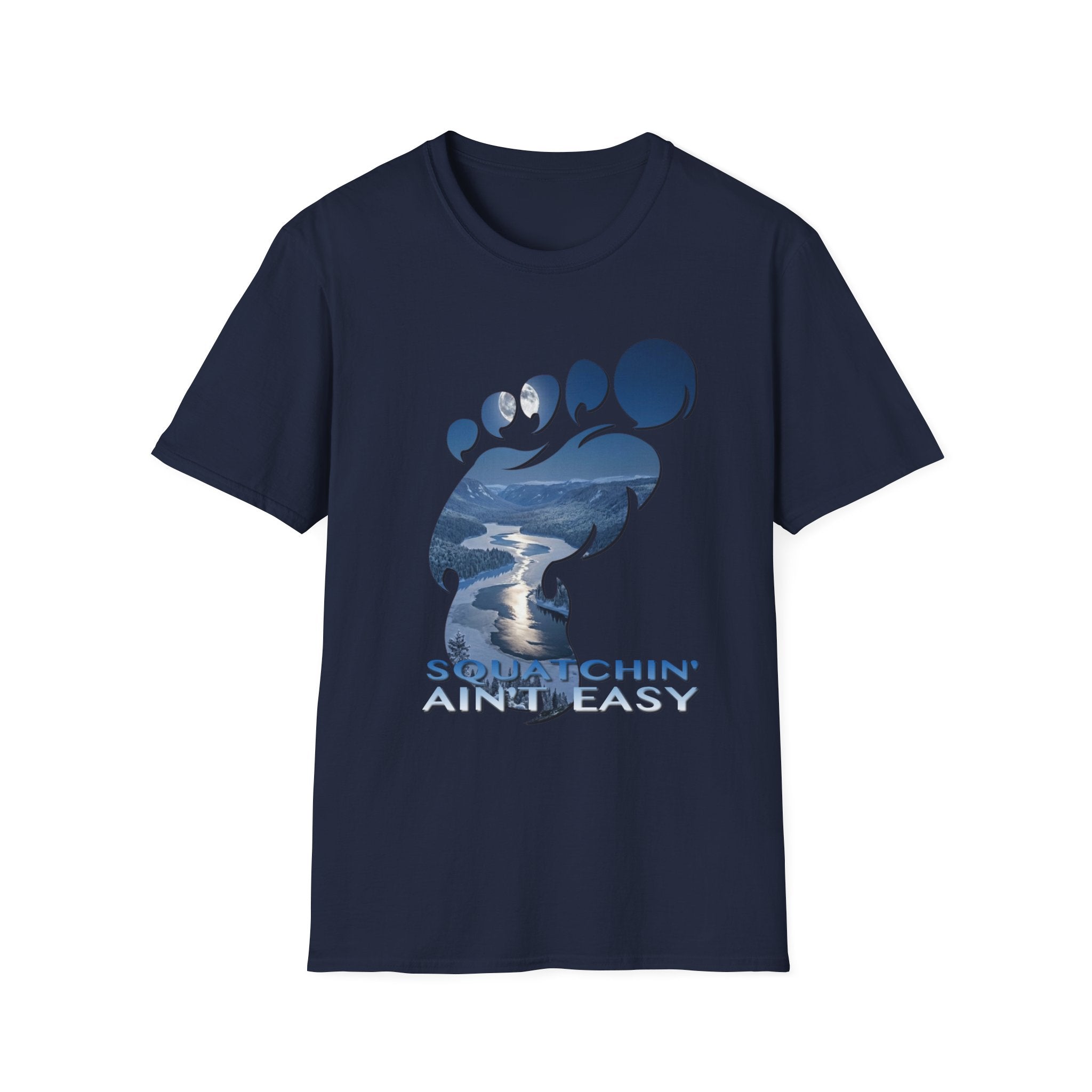 Bigfoot 'Squatchin' Ain't Easy' T-Shirt — Moonlit Winter Lake Sasquatch Tee