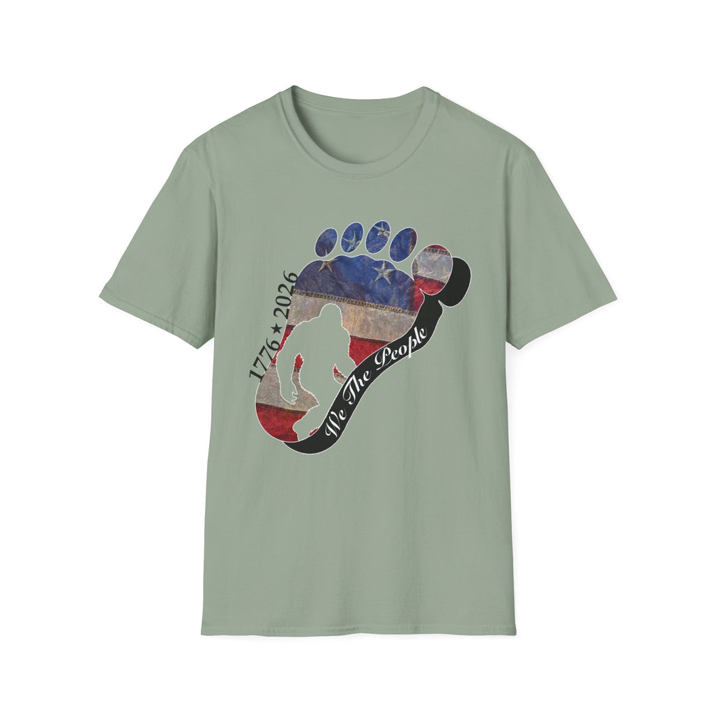 Going Norther Bigfoot T-Shirt — Footprint Silhouette with Distressed Flag & "1776 - 2026 - We The People"