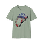 Going Norther Bigfoot T-Shirt — Footprint Silhouette with Distressed Flag & "1776 - 2026 - We The People"