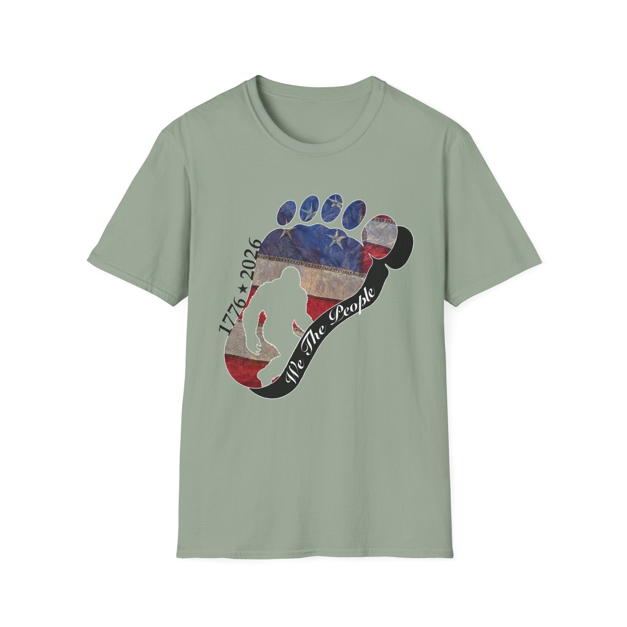 Going Norther Bigfoot T-Shirt — Footprint Silhouette with Distressed Flag & "1776 - 2026 - We The People"