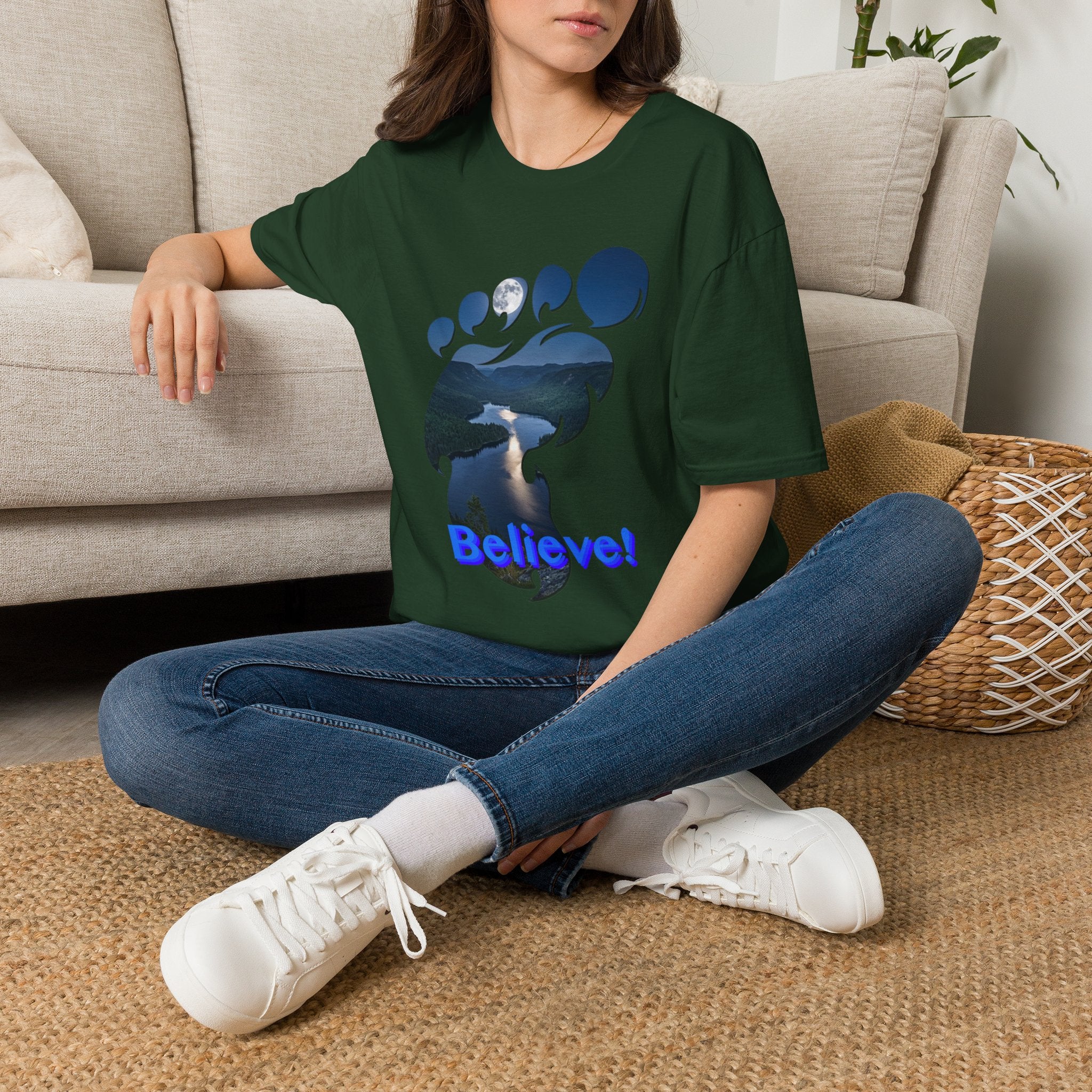 Bigfoot Footprint 'Believe!' Tee — Moonlit Northern Lake Graphic T-Shirt