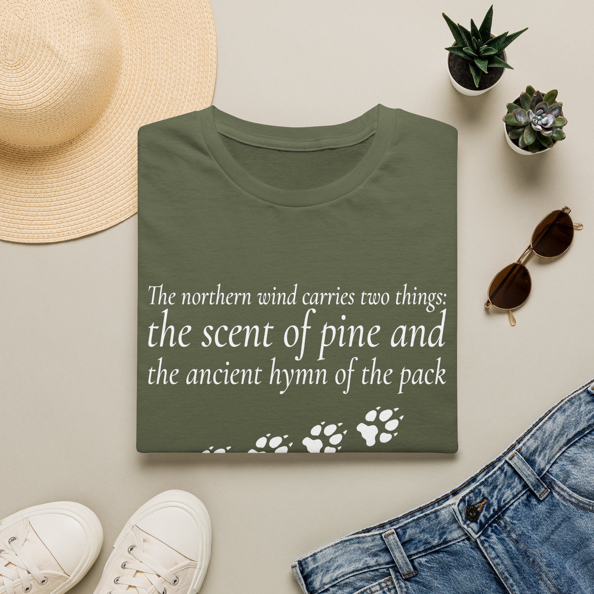 Pine & Pack Wolf Pack Tee — 'The northern wind carries two things' Paw Print Shirt