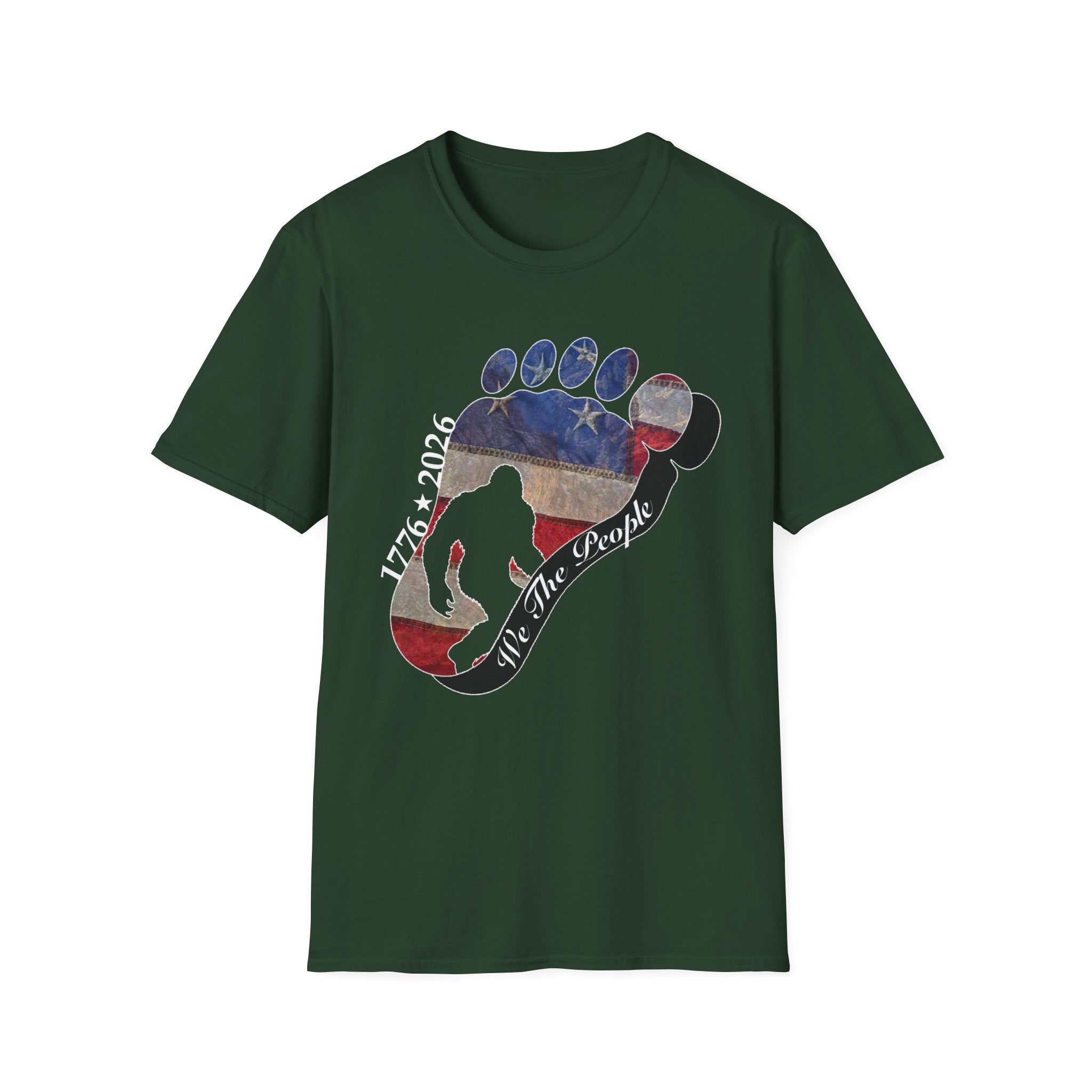 Going Norther Bigfoot T-Shirt — Footprint Silhouette with Distressed Flag & "1776 - 2026 - We The People"