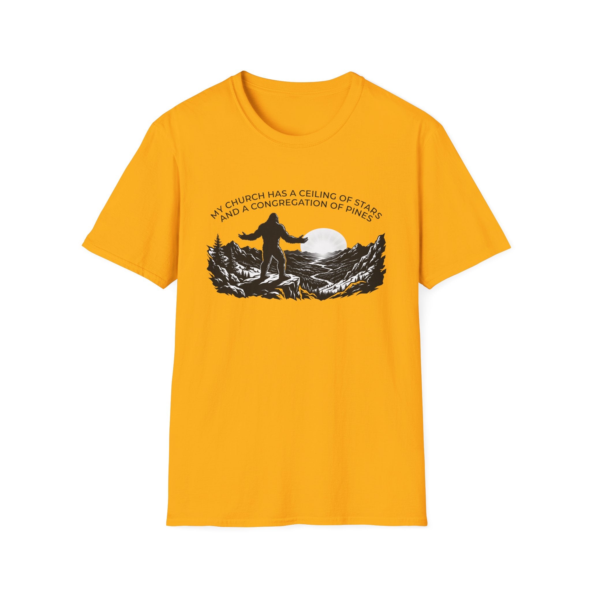 Bigfoot Outdoors Church T-Shirt — "My Church Has a Ceiling of Stars" Scenic Mountain Tee