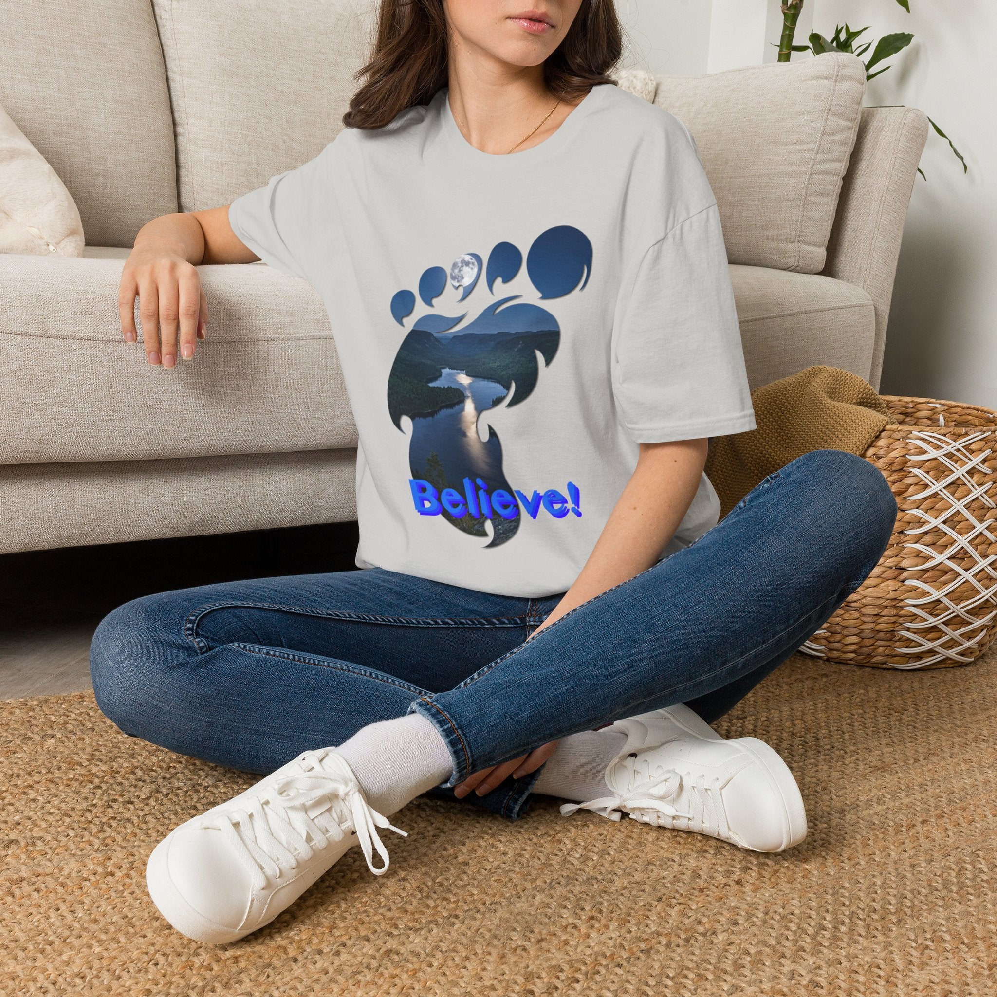 Bigfoot Footprint 'Believe!' Tee — Moonlit Northern Lake Graphic T-Shirt