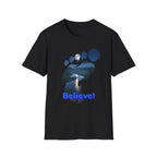 Bigfoot Footprint 'Believe!' Tee — Moonlit Northern Lake Graphic T-Shirt