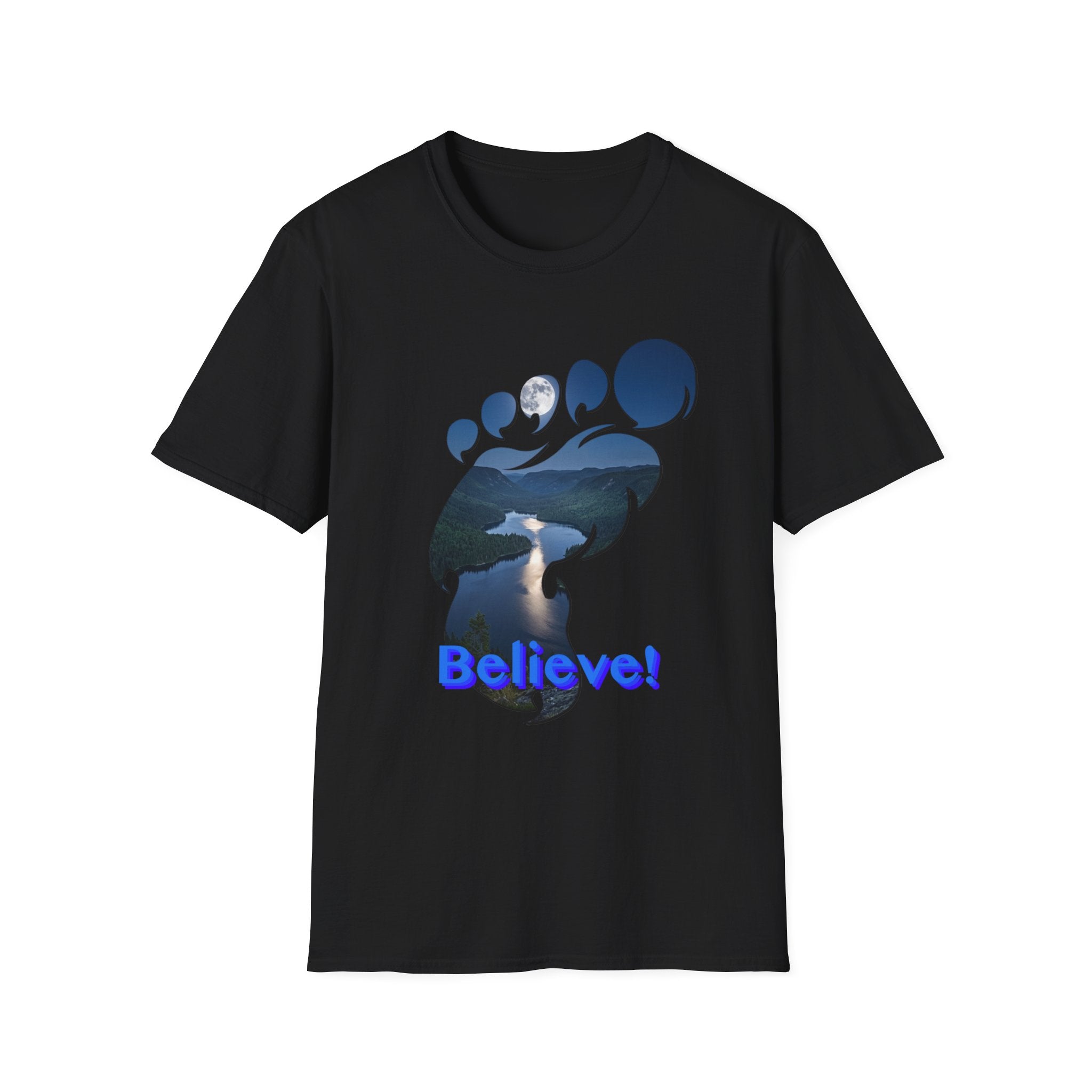 Bigfoot Footprint 'Believe!' Tee — Moonlit Northern Lake Graphic T-Shirt