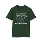 Daily Squatch Texting Codes T-Shirt — Funny Sasquatch Footprint Tee for Bigfoot Fans