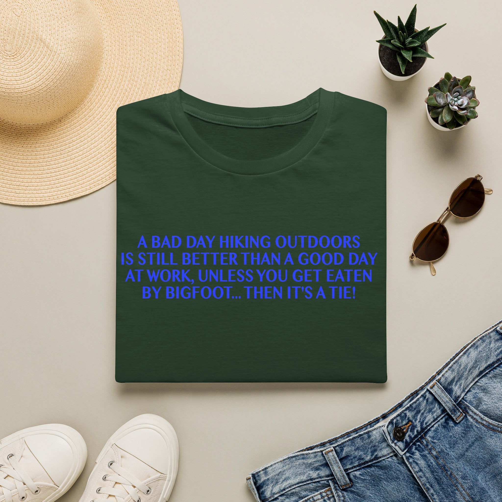 Funny Hiking T-Shirt - A Bad Day Outdoors vs. Bigfoot Tie