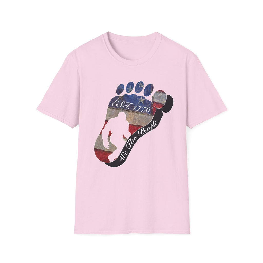 Going Norther Bigfoot T-Shirt — Footprint Silhouette with Distressed Flag "EST. 1776 - We The People"