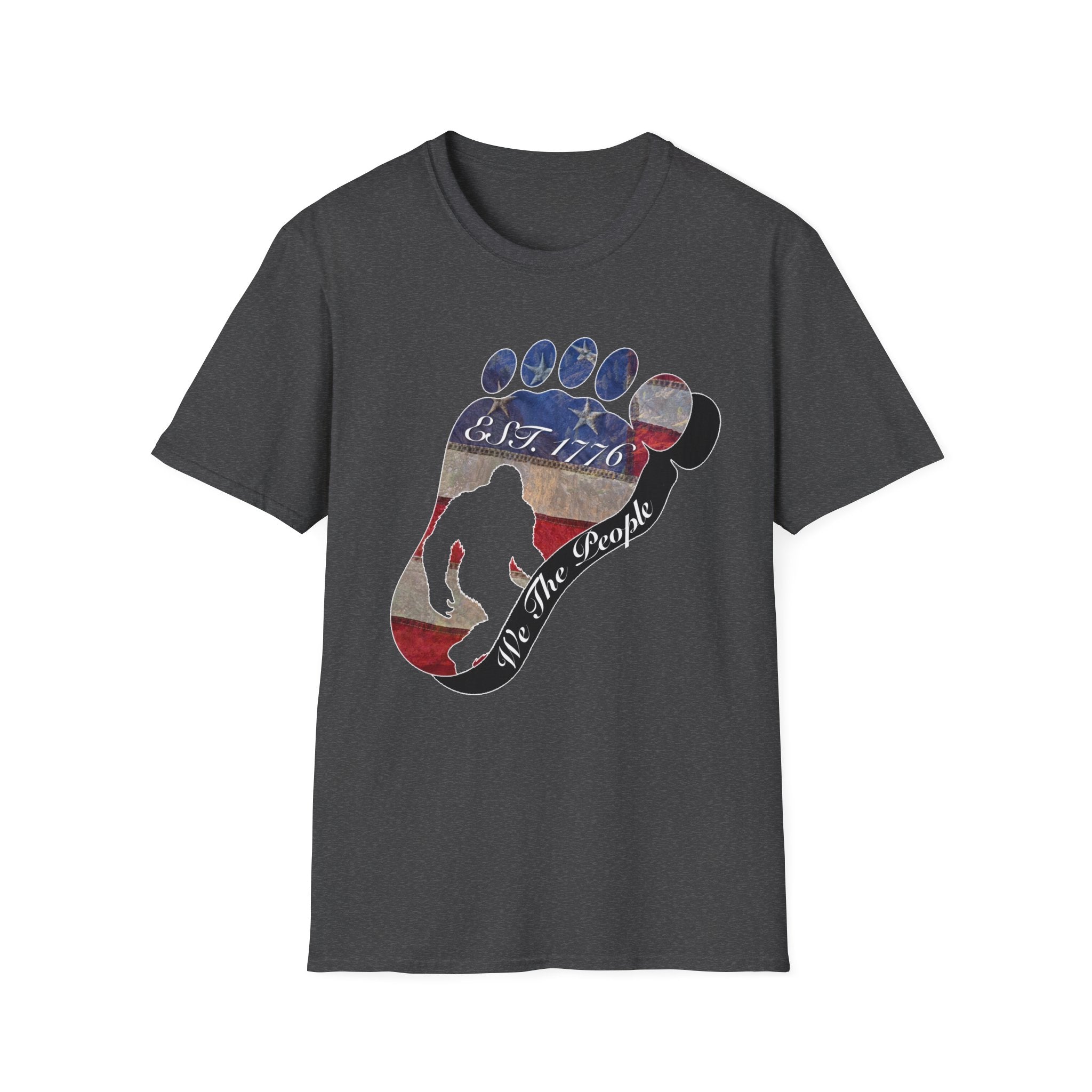 Going Norther Bigfoot T-Shirt — Footprint Silhouette with Distressed Flag "EST. 1776 - We The People"