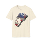 Going Norther Bigfoot T-Shirt — Footprint Silhouette with Distressed Flag & "1776 - 2026 - We The People"