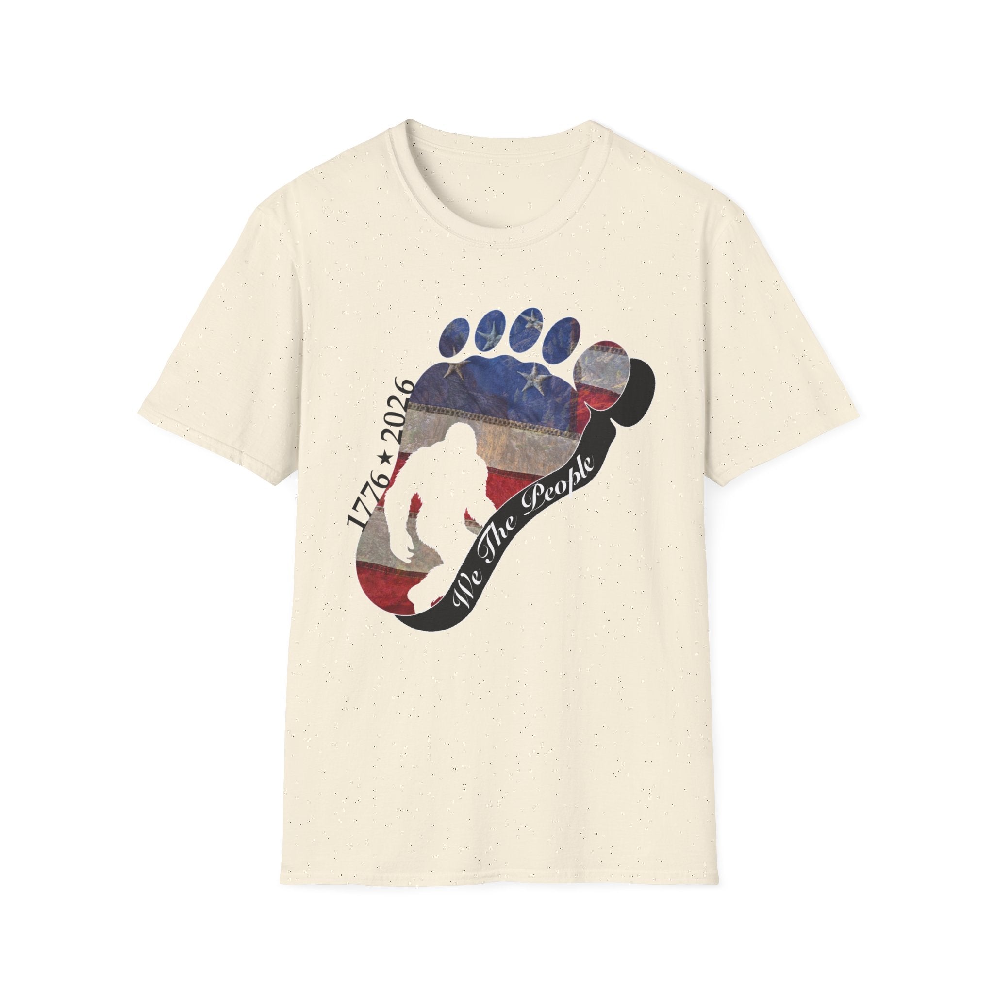 Going Norther Bigfoot T-Shirt — Footprint Silhouette with Distressed Flag & "1776 - 2026 - We The People"
