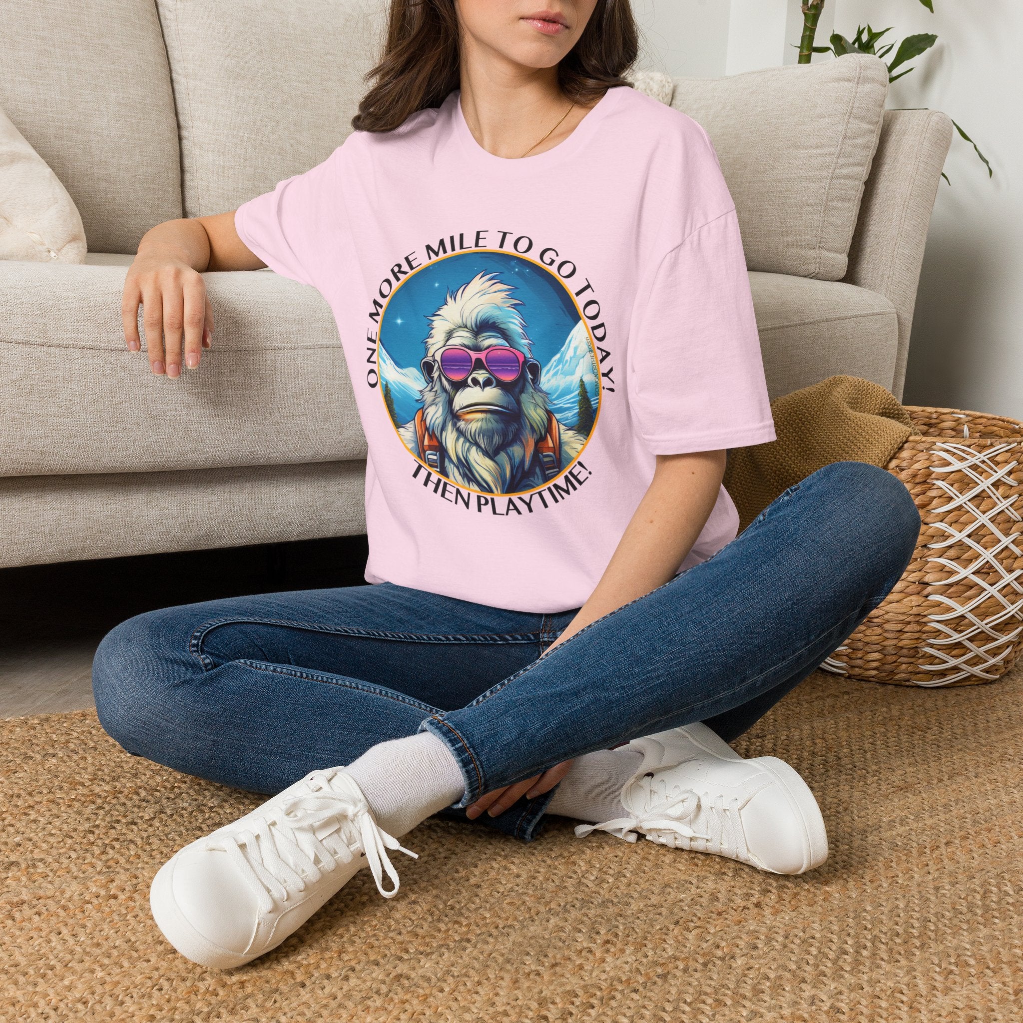 Bigfoot Hiking T-Shirt — "One More Mile To Go Today! - Then Playtime!"