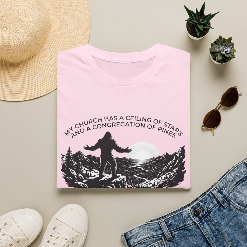 Bigfoot Outdoors Church T-Shirt — "My Church Has a Ceiling of Stars" Scenic Mountain Tee