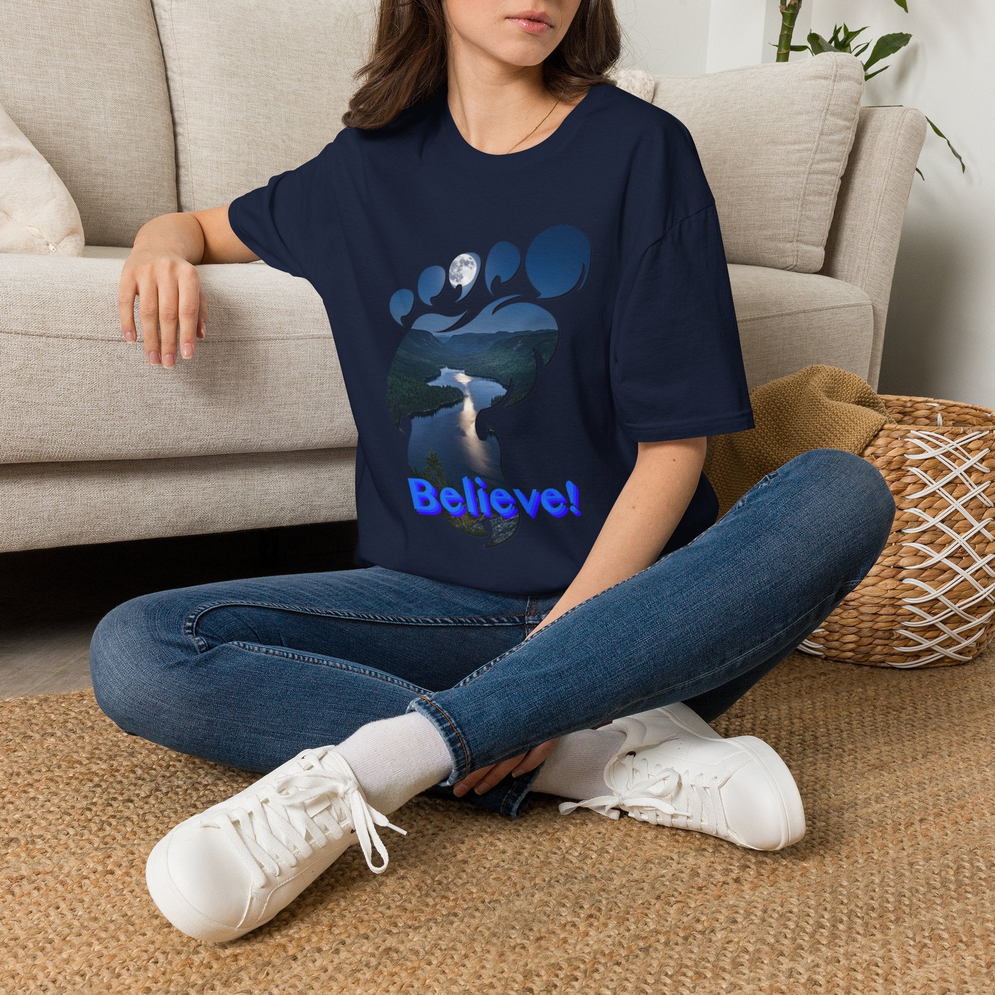 Bigfoot Footprint 'Believe!' Tee — Moonlit Northern Lake Graphic T-Shirt