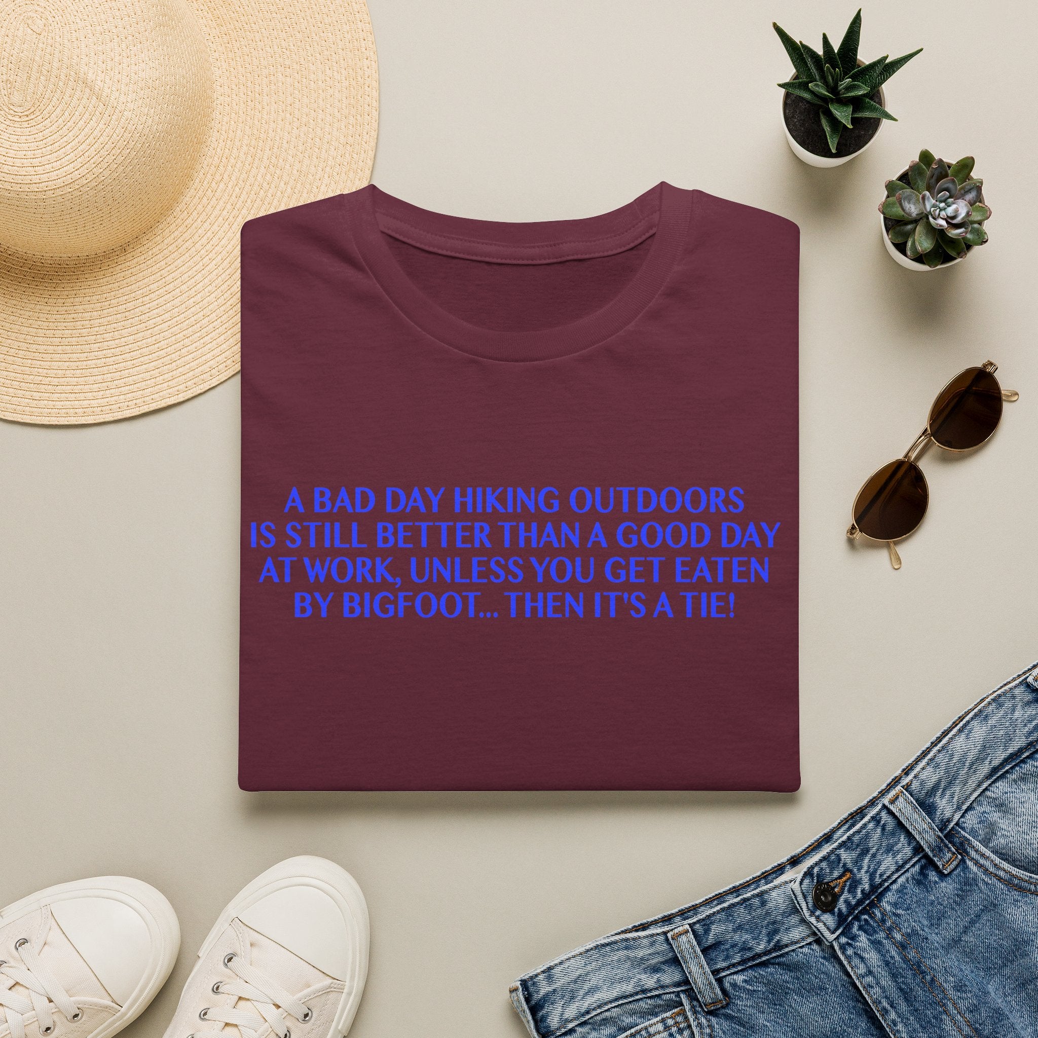 Funny Hiking T-Shirt - A Bad Day Outdoors vs. Bigfoot Tie