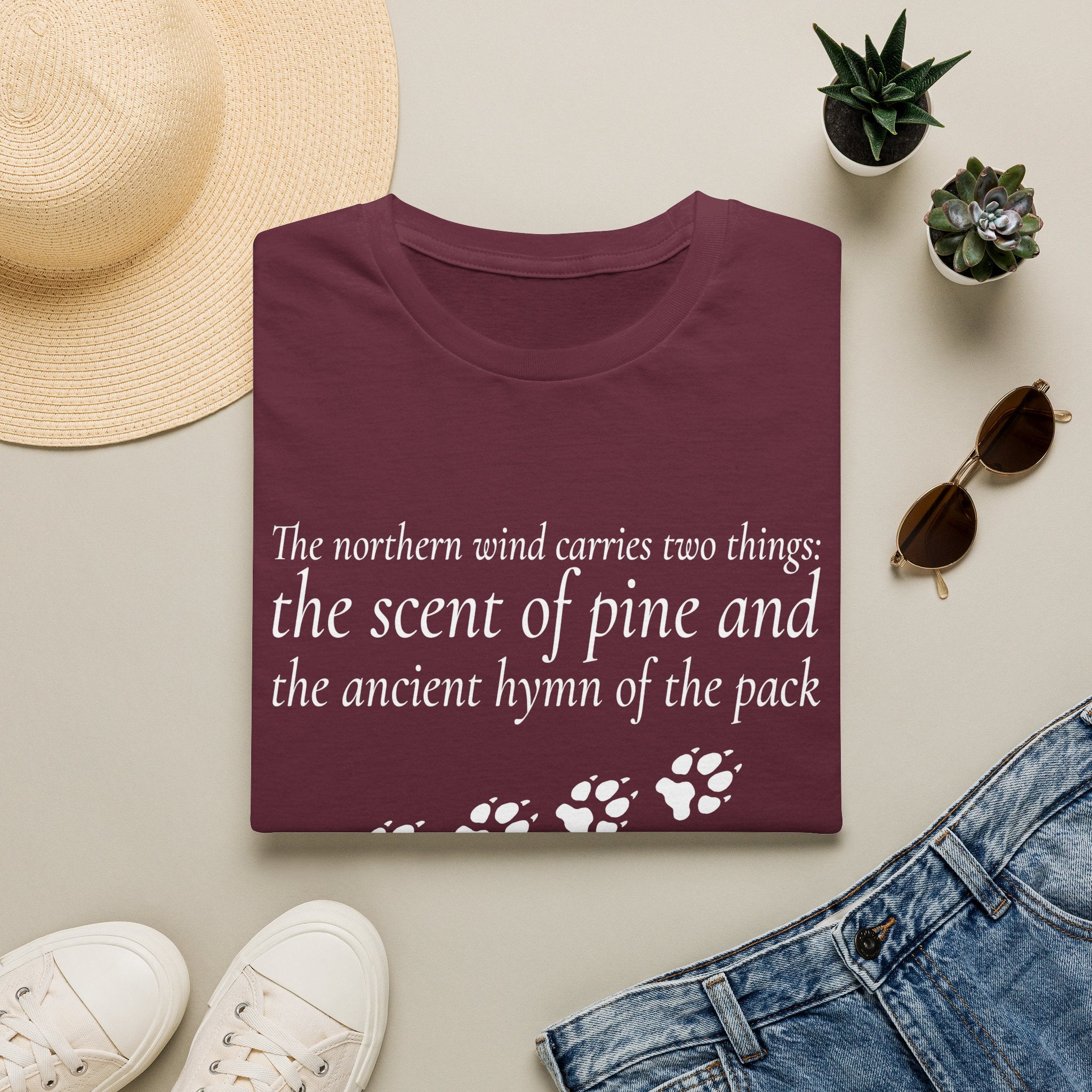 Pine & Pack Wolf Pack Tee — 'The northern wind carries two things' Paw Print Shirt