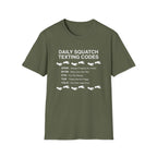 Daily Squatch Texting Codes T-Shirt — Funny Sasquatch Footprint Tee for Bigfoot Fans