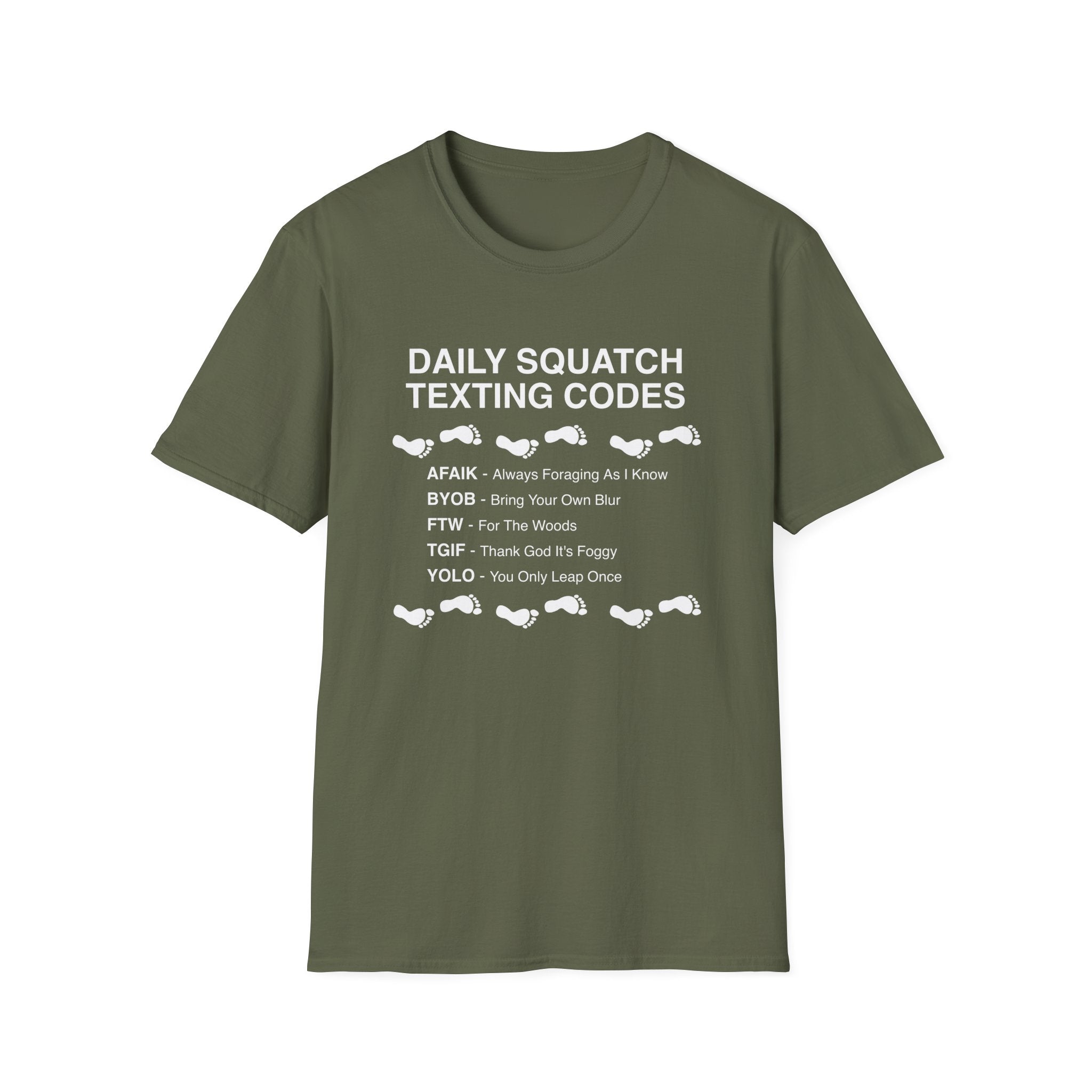 Daily Squatch Texting Codes T-Shirt — Funny Sasquatch Footprint Tee for Bigfoot Fans