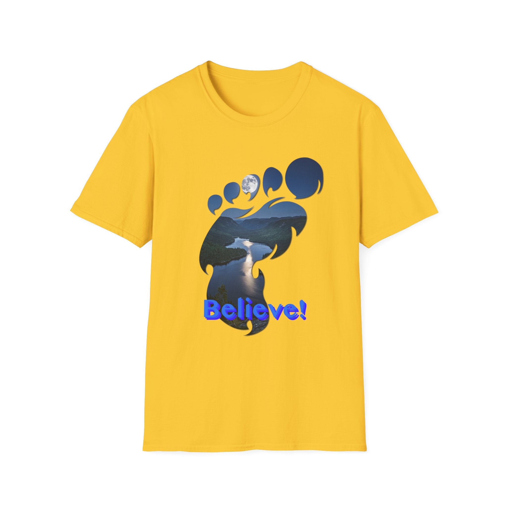 Bigfoot Footprint 'Believe!' Tee — Moonlit Northern Lake Graphic T-Shirt