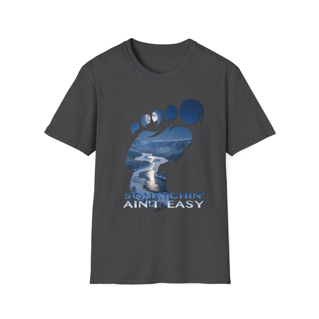 Bigfoot 'Squatchin' Ain't Easy' T-Shirt — Moonlit Winter Lake Sasquatch Tee