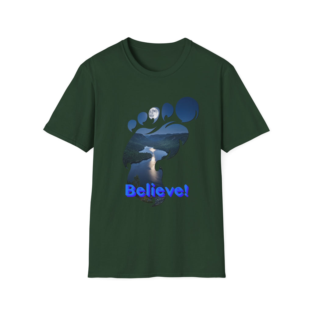 Bigfoot Footprint 'Believe!' Tee — Moonlit Northern Lake Graphic T-Shirt