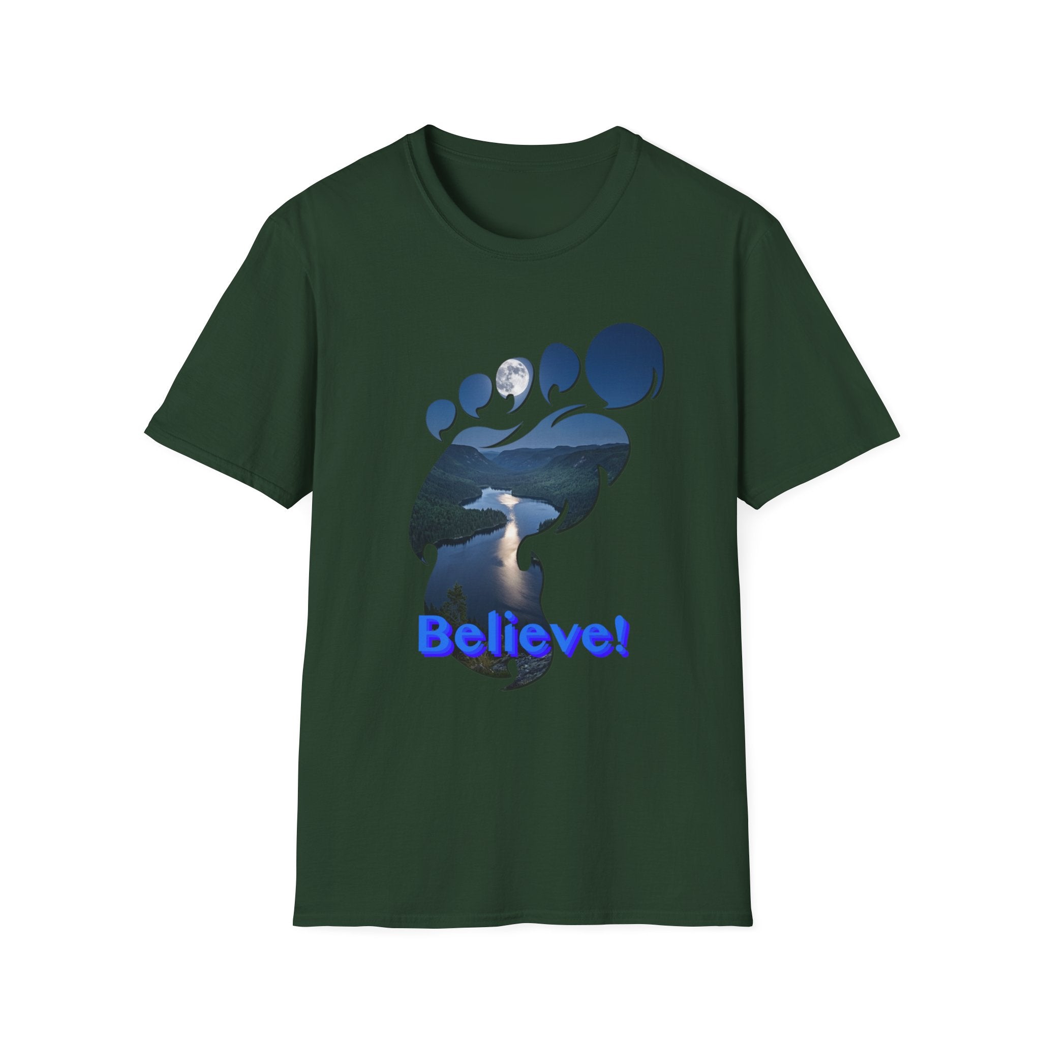 Bigfoot Footprint 'Believe!' Tee — Moonlit Northern Lake Graphic T-Shirt