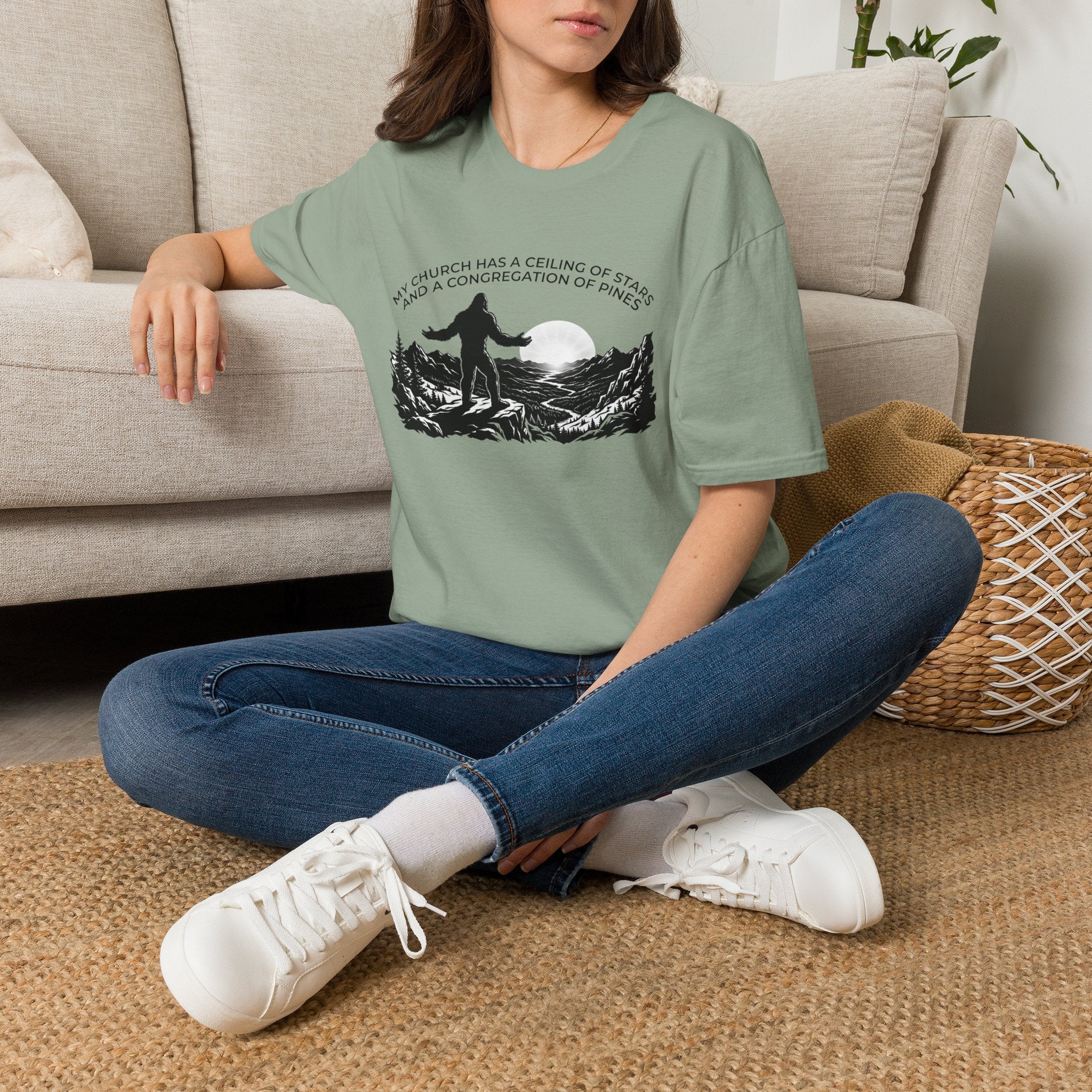 Bigfoot Outdoors Church T-Shirt — "My Church Has a Ceiling of Stars" Scenic Mountain Tee