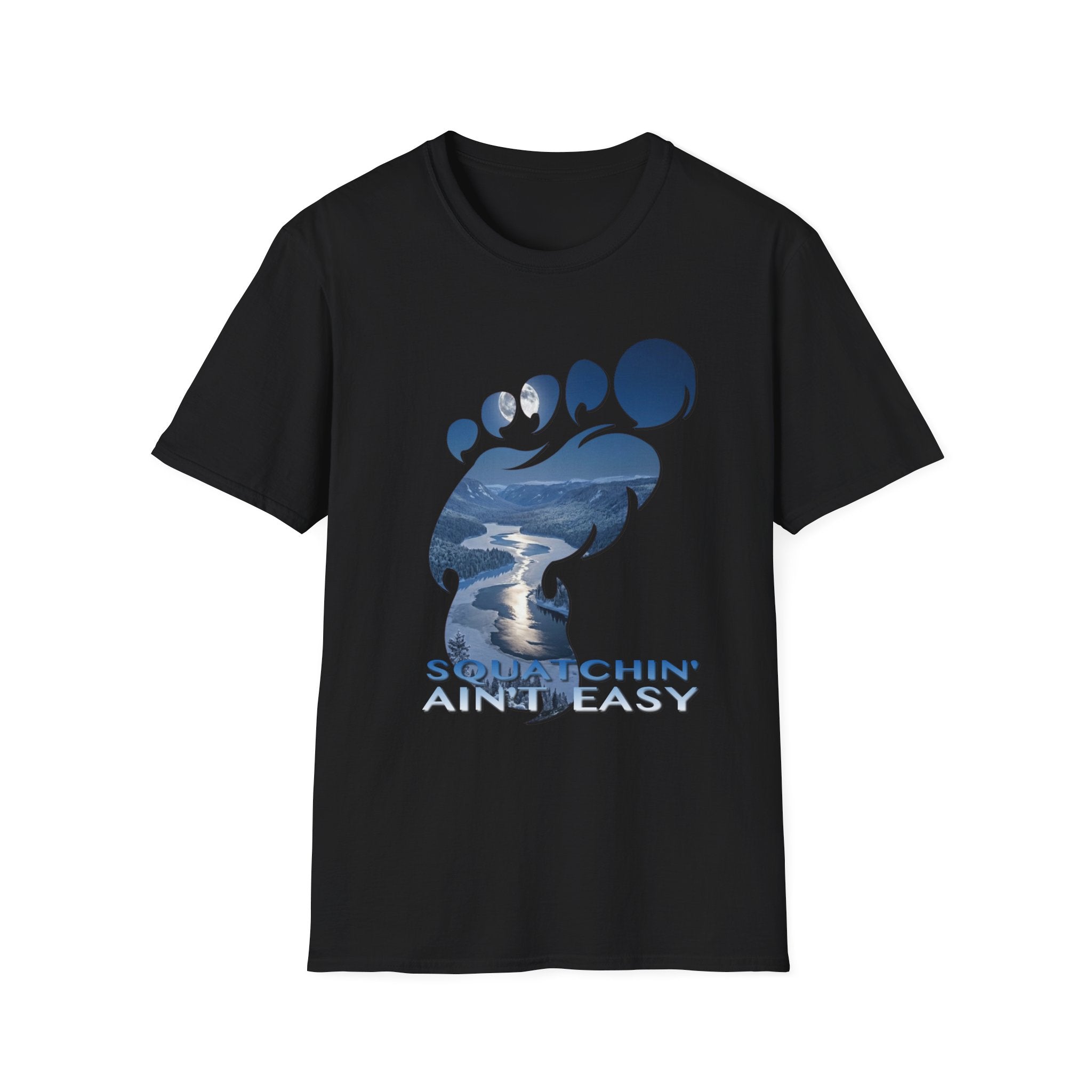 Bigfoot 'Squatchin' Ain't Easy' T-Shirt — Moonlit Winter Lake Sasquatch Tee