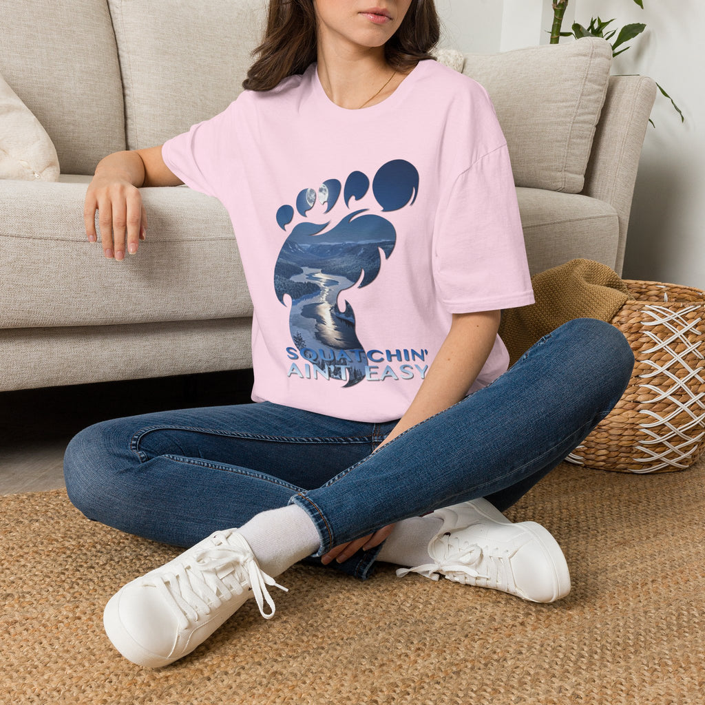Bigfoot 'Squatchin' Ain't Easy' T-Shirt — Moonlit Winter Lake Sasquatch Tee