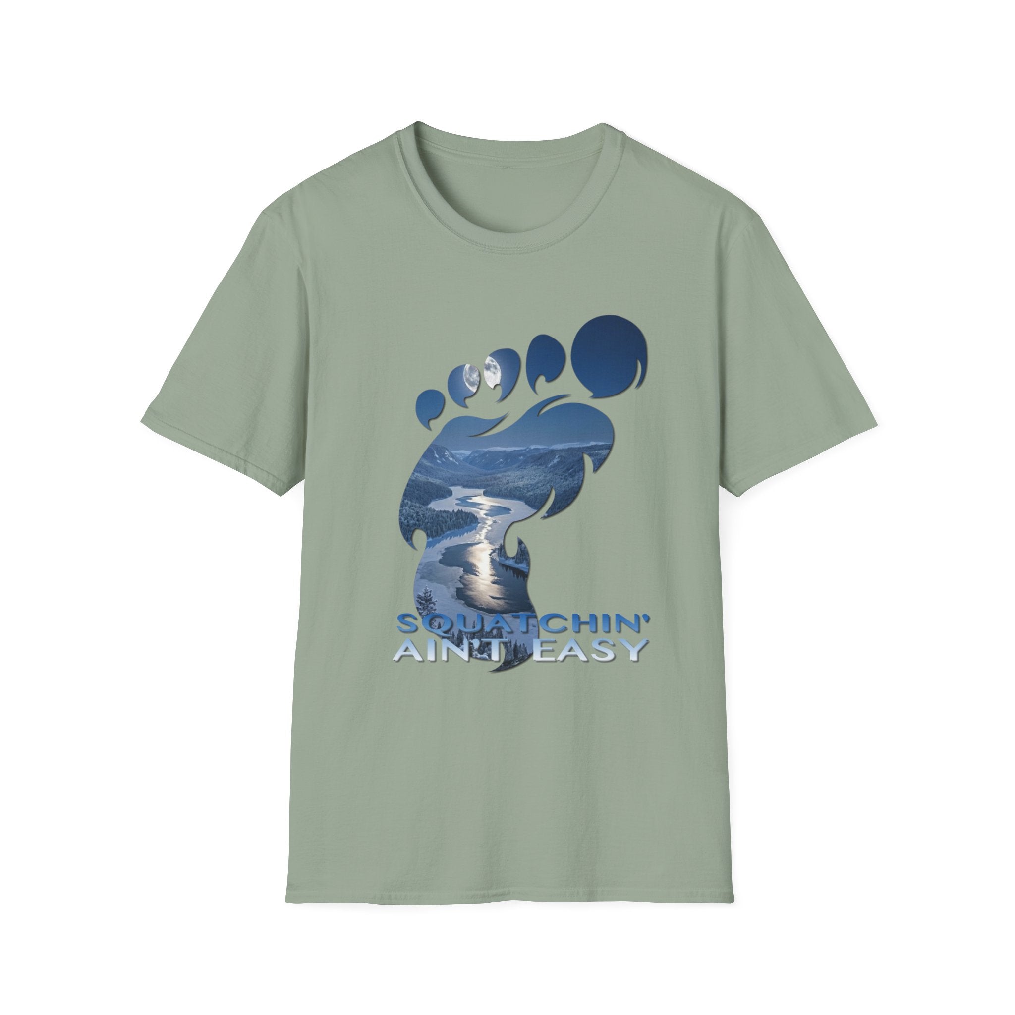 Bigfoot 'Squatchin' Ain't Easy' T-Shirt — Moonlit Winter Lake Sasquatch Tee