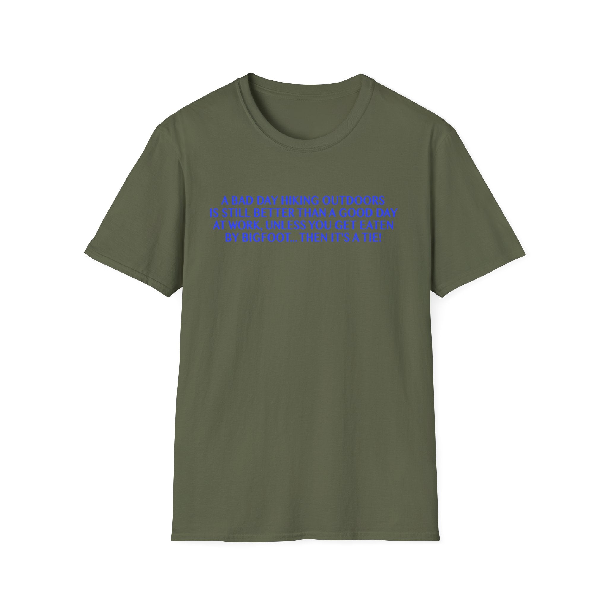 Funny Hiking T-Shirt - A Bad Day Outdoors vs. Bigfoot Tie