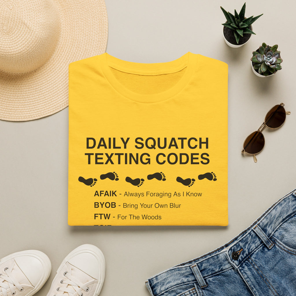 Daily Squatch Texting Codes T-Shirt — Funny Sasquatch Footprint Tee for Bigfoot Fans