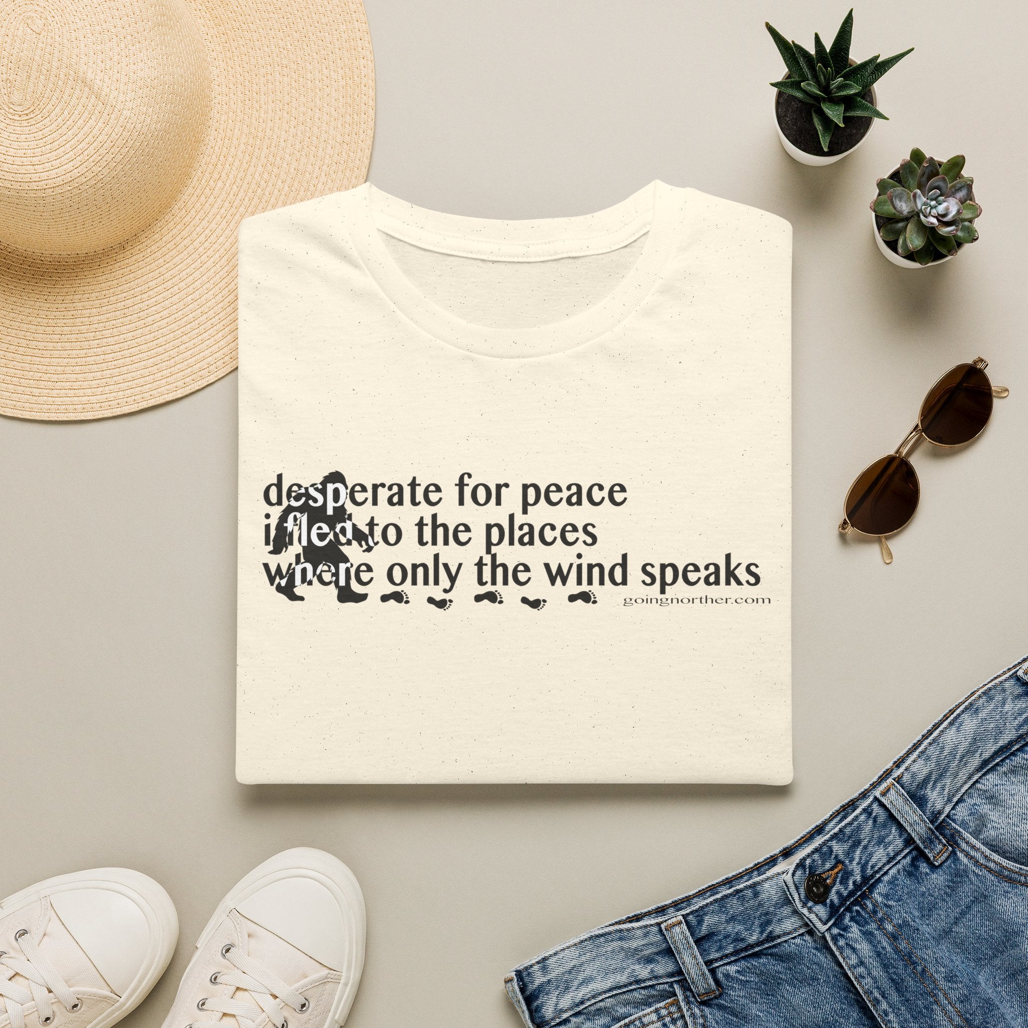 T-Shirt — "Desperate for Peace" Minimalist Text "Bigfoot" Tee