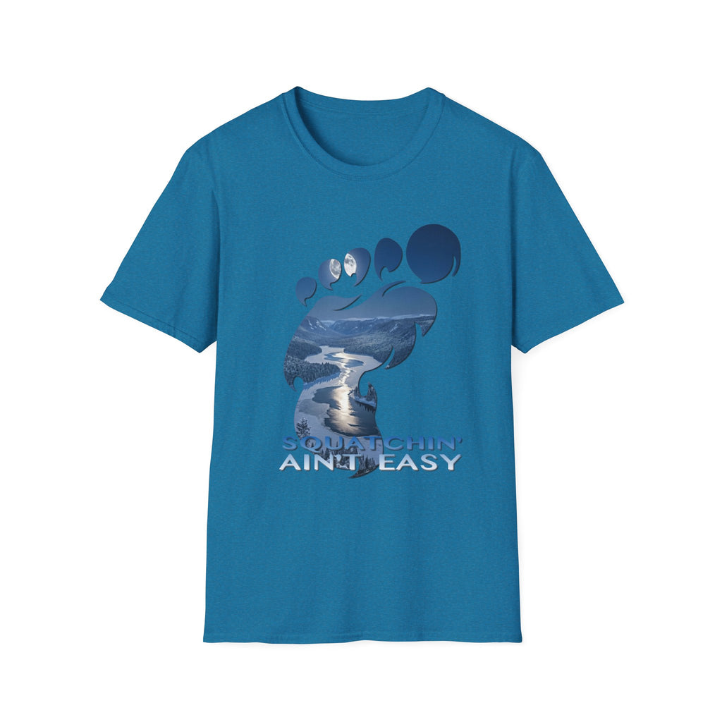 Bigfoot 'Squatchin' Ain't Easy' T-Shirt — Moonlit Winter Lake Sasquatch Tee