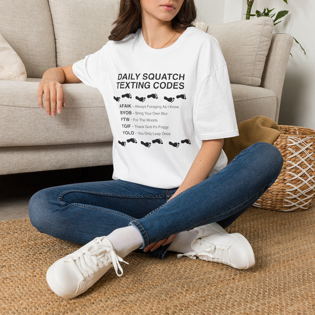 Daily Squatch Texting Codes T-Shirt — Funny Sasquatch Footprint Tee for Bigfoot Fans