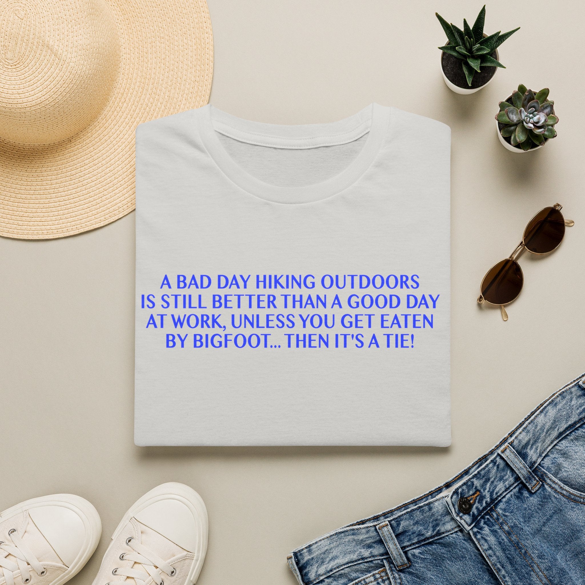Funny Hiking T-Shirt - A Bad Day Outdoors vs. Bigfoot Tie