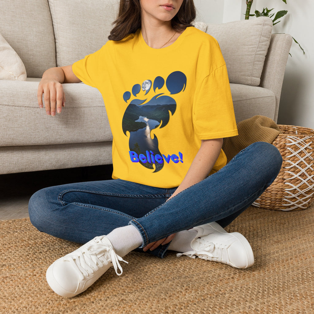 Bigfoot Footprint 'Believe!' Tee — Moonlit Northern Lake Graphic T-Shirt
