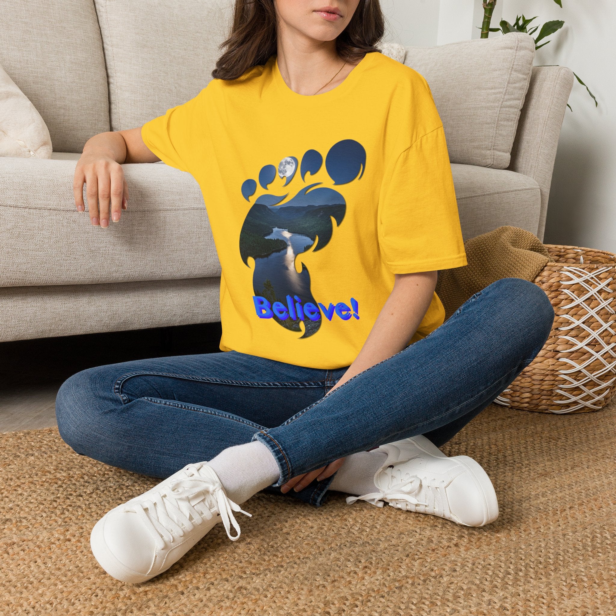 Bigfoot Footprint 'Believe!' Tee — Moonlit Northern Lake Graphic T-Shirt