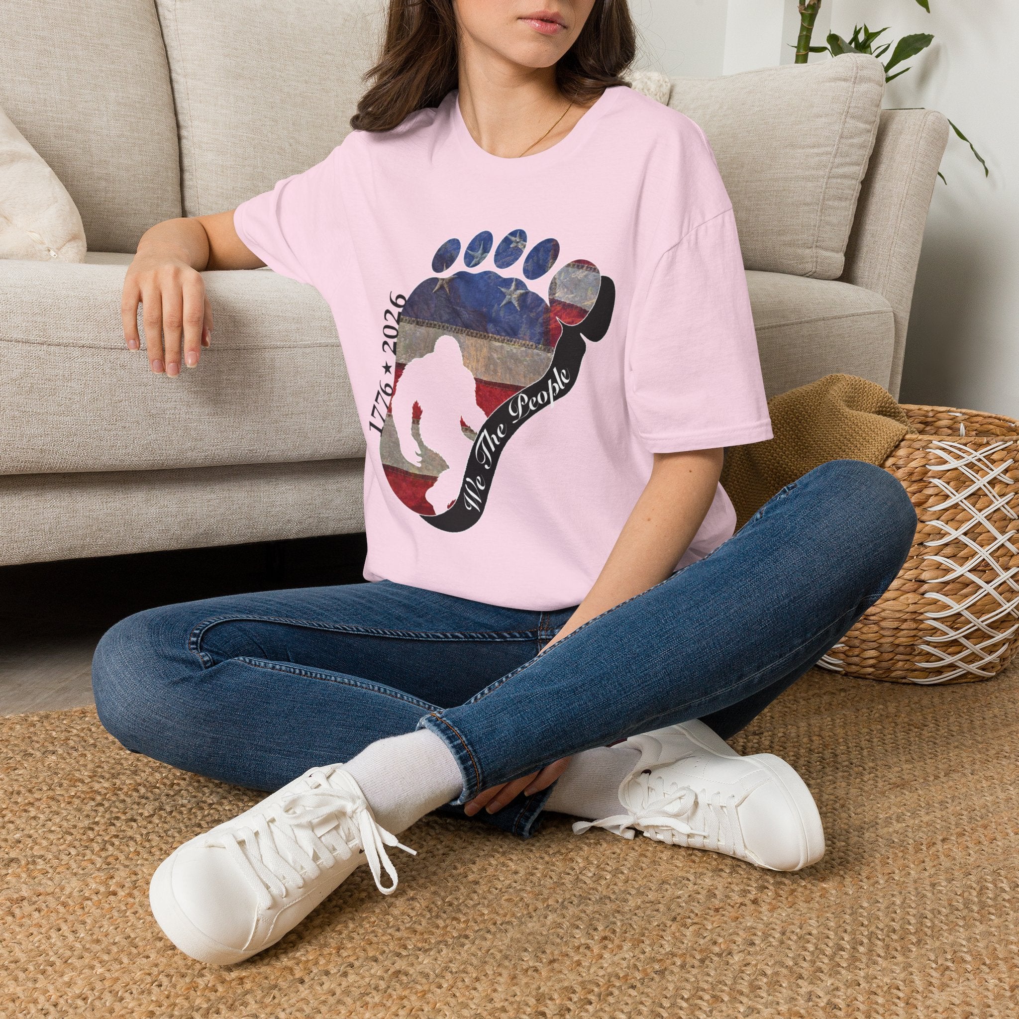 Going Norther Bigfoot T-Shirt — Footprint Silhouette with Distressed Flag & "1776 - 2026 - We The People"