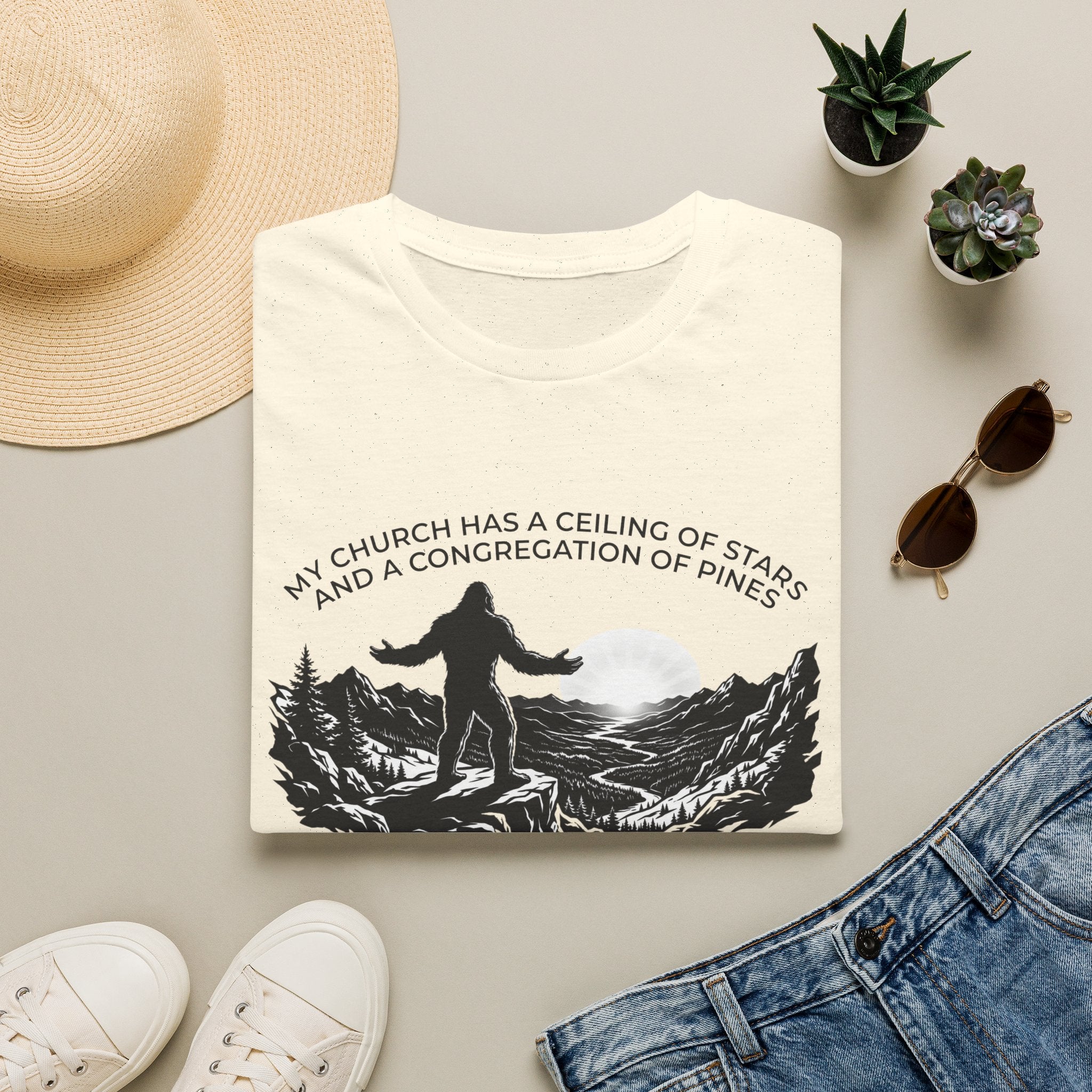 Bigfoot Outdoors Church T-Shirt — "My Church Has a Ceiling of Stars" Scenic Mountain Tee