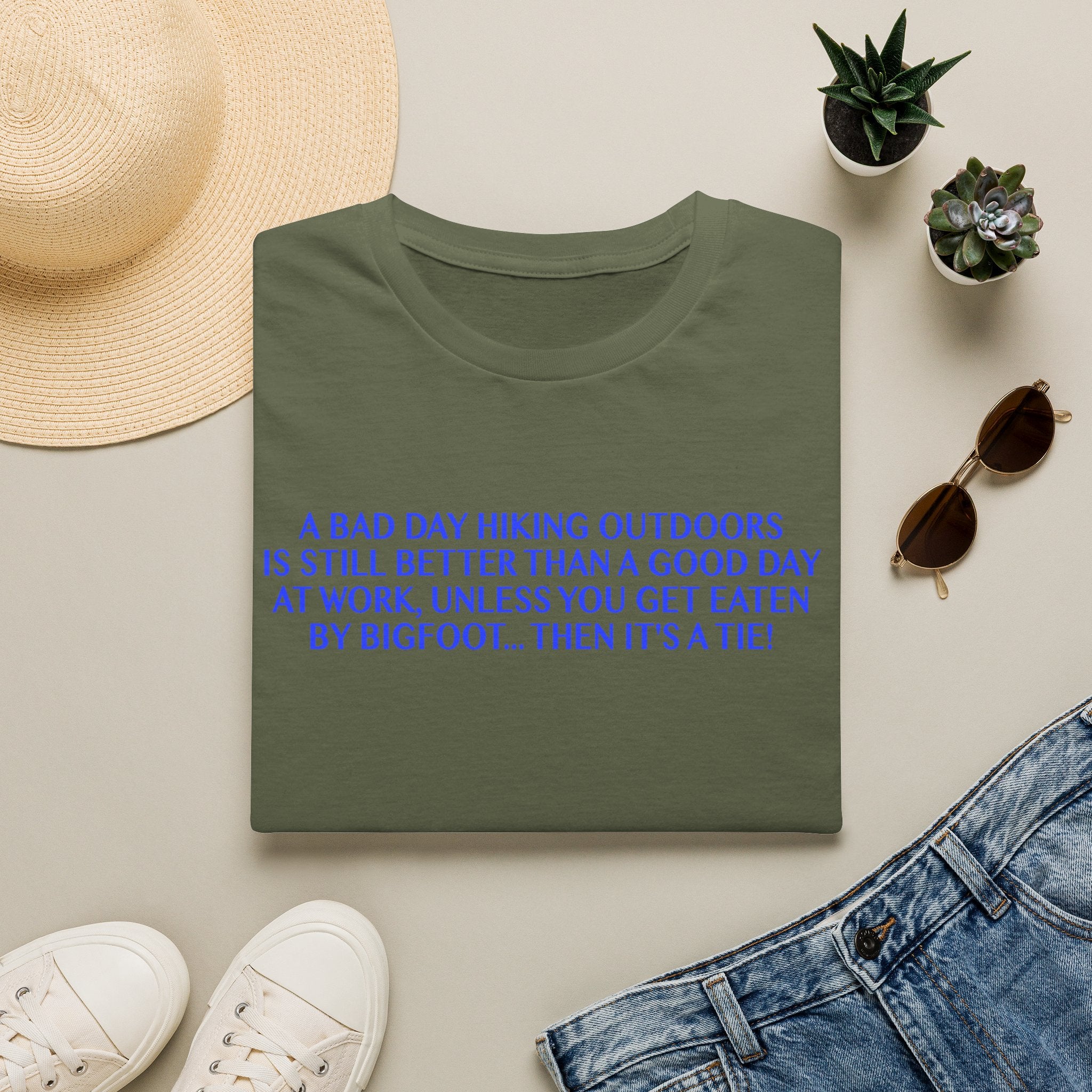 Funny Hiking T-Shirt - A Bad Day Outdoors vs. Bigfoot Tie