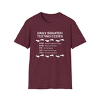 Daily Squatch Texting Codes T-Shirt — Funny Sasquatch Footprint Tee for Bigfoot Fans
