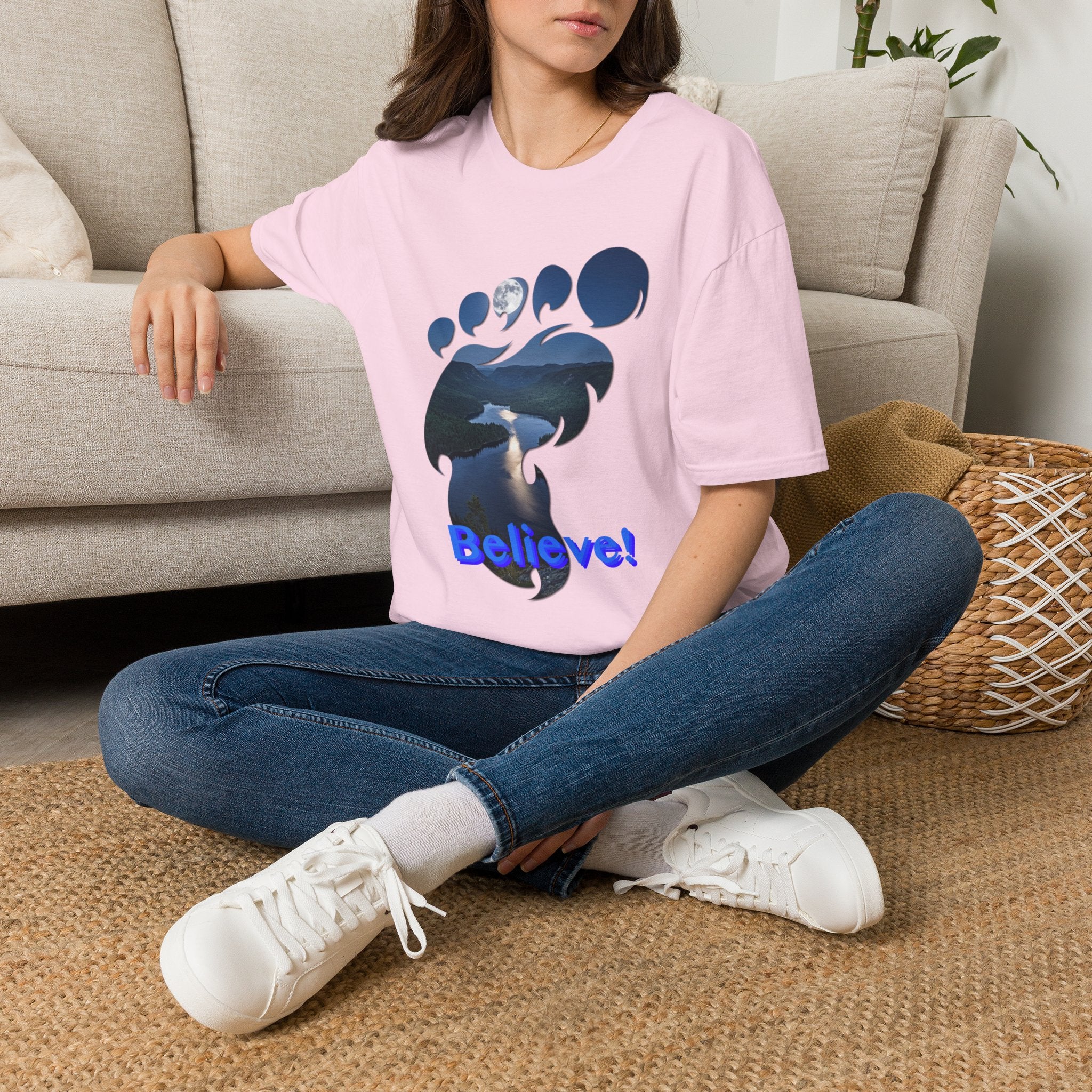 Bigfoot Footprint 'Believe!' Tee — Moonlit Northern Lake Graphic T-Shirt