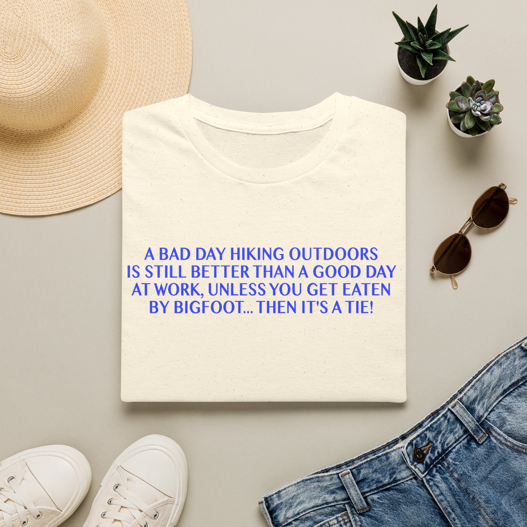 Funny Hiking T-Shirt - A Bad Day Outdoors vs. Bigfoot Tie
